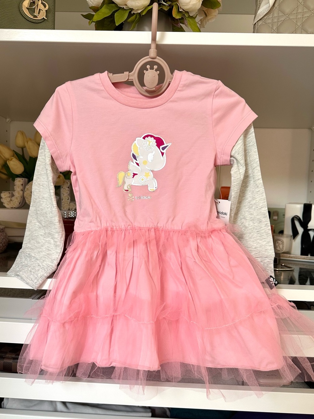 tokidoki Pink Unicorn Layered Tulle Dress with Gray Long Sleeves NEW with tags